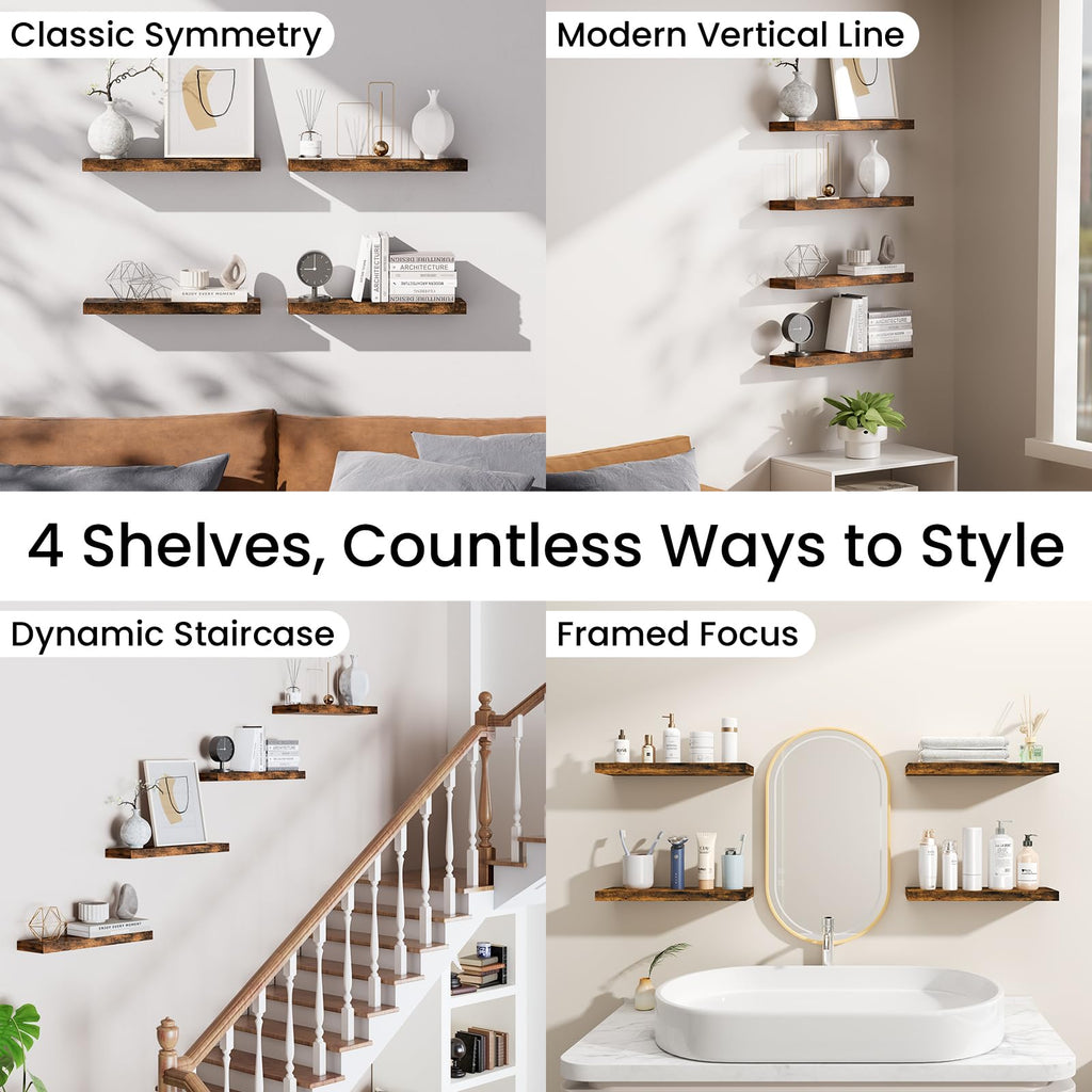 Rustic Brown Floating Shelves 15.7in, Set of 4, Wall Mount Wood Shelf