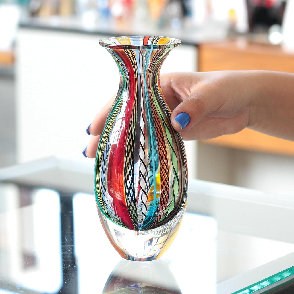 Murano Style Glass Vase Hand Blown Colored Canes Boho Effect Home Decor