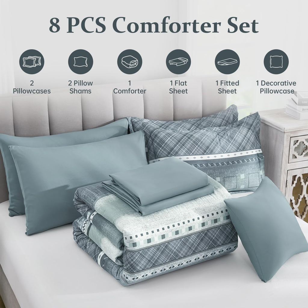 8 Piece Queen Size Comforter Set Blue Boho Bed Set