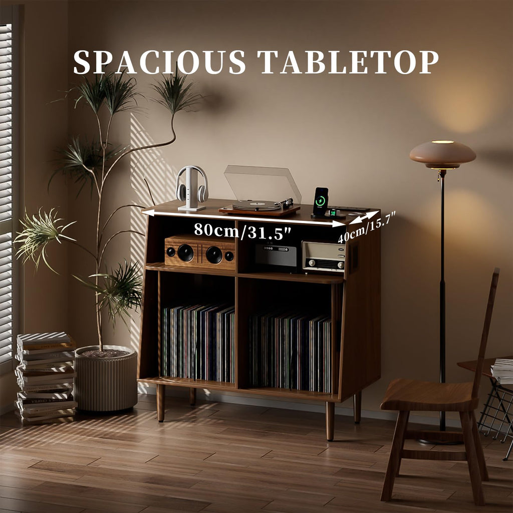 Record Player Stand with Vinyl Storage, Mid Century Modern Vinyl Storage Cabinet with Power Outlet and Sliding Doors
