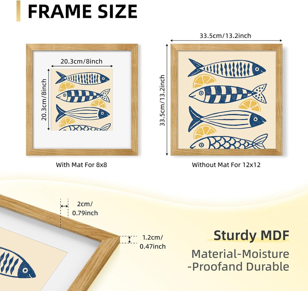 12x12 Picture Frame Set of 9, Photo Gallery Wall Frame Set, Display Pictures 8x8 with Mat or 12 x 12 Without Mat