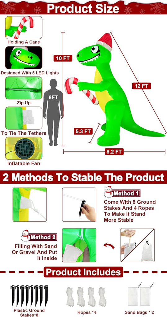 12 Ft L x10 Ft Ht Giant Christmas Inflatable Santa Dinosaur Candy Cane Build-in LED Lights Christmas Blow up Yard