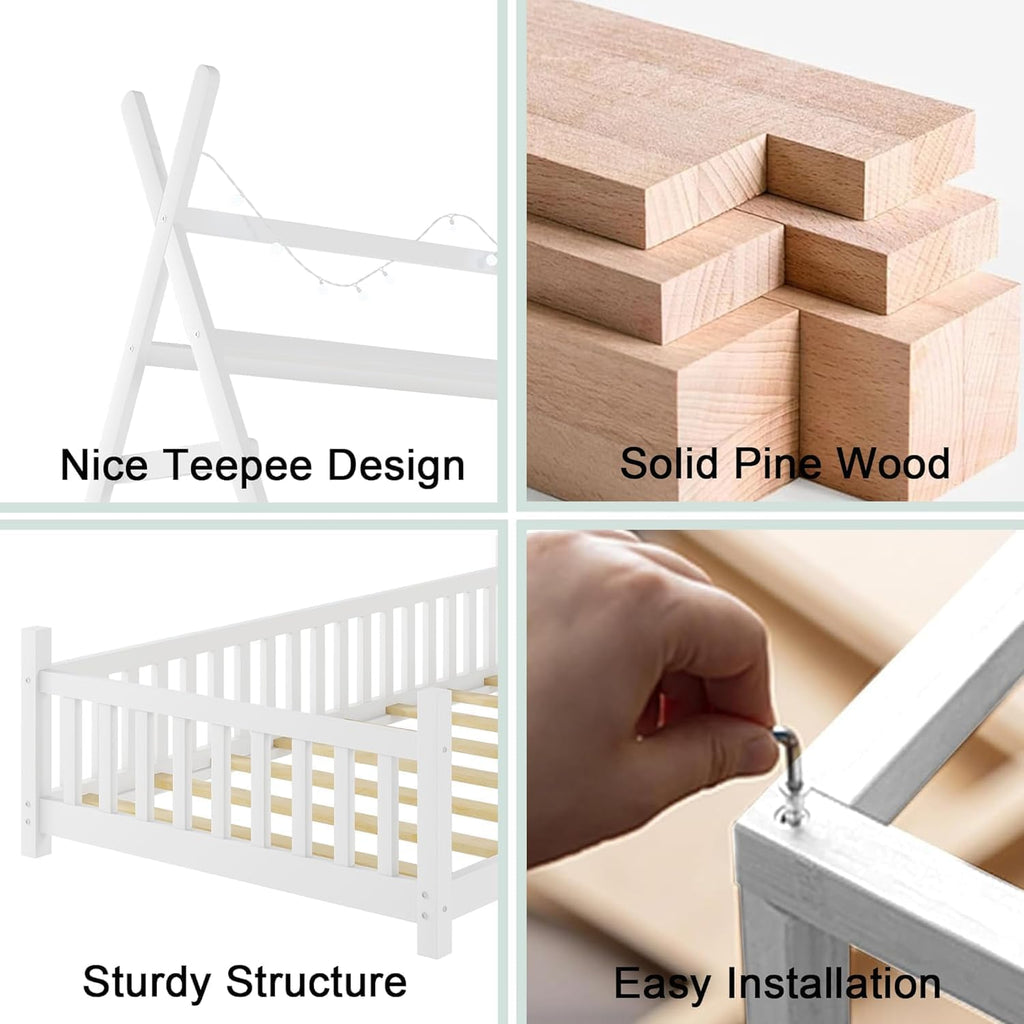 Twin Tent-Shaped Bed for Kids with LED Light, Teepee Floor Bed with Guardrails, Wooden Montessori Bed Frame