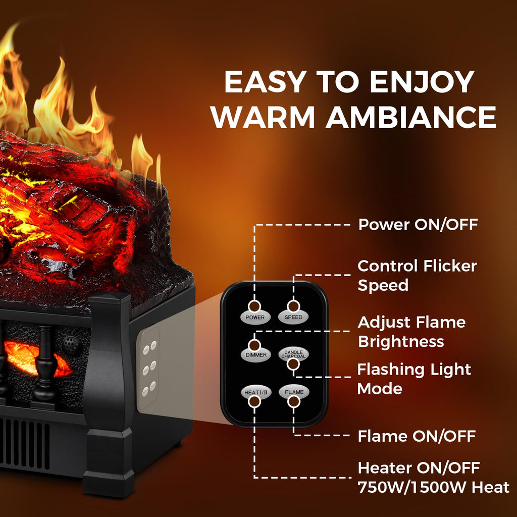 21 Inches Electric Fireplace Insert Log Heater Set, Freestanding Heater with Adjustable Flame Brightness and Flicker