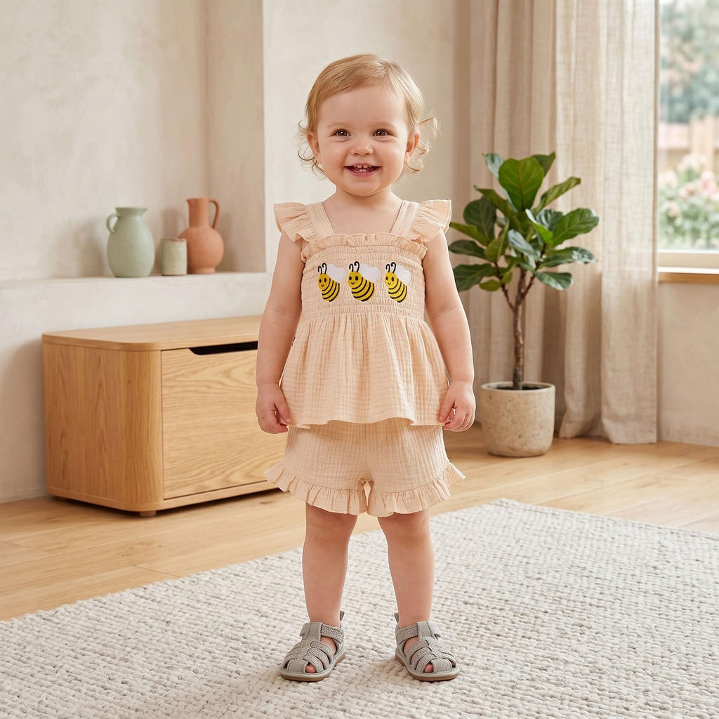 Toddler Baby Girl Summer Clothes Sleeveless Muslin Smocked Top Ruffle Shorts Set 6 9 12 Cute Outfit
