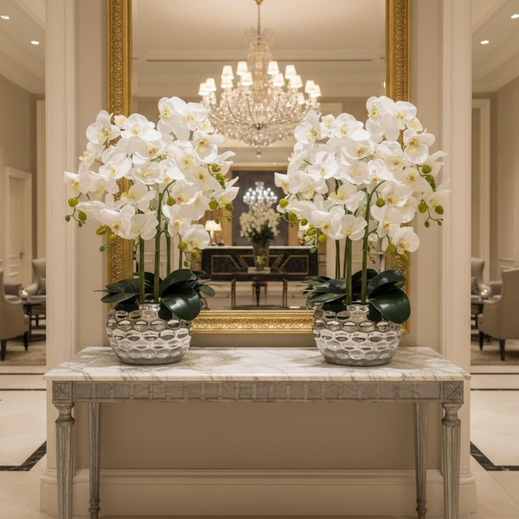 2 Pack Extra Large Orchids Artificial Flowers 24" White Faux Phalaenopsis with Ceramic Pot, Real to Touch Faux Silk