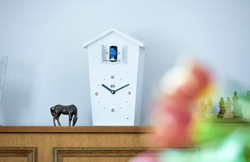Birdhouse White, modern design cuckoo clock with 12 natural bird voices or cuckoo call