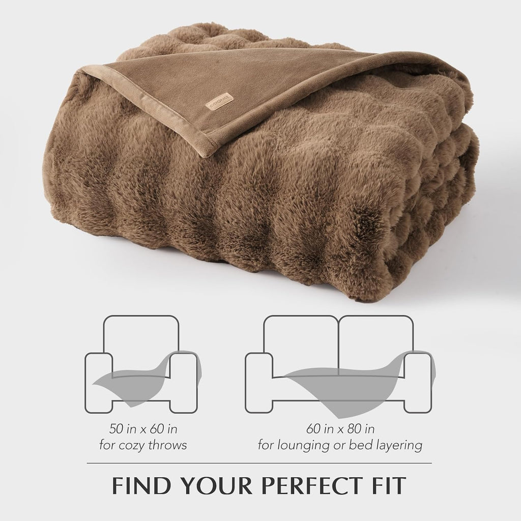 Faux Rabbit Fur Bubble Throw Blanket, 60"x80", Natural Tan | Ultra Soft, Luxury Faux Rabbit Fur Throw, Thick Warm
