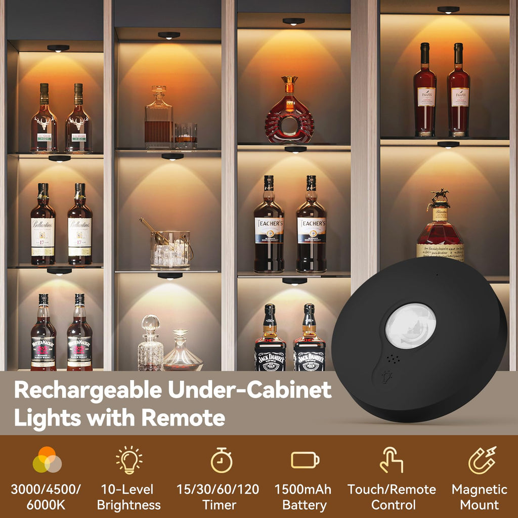 Rechargeable Puck Lights with Remote, 12 Pack Magnetic Under Cabinet Lighting, 1500mAh Battery Operated LED Tap