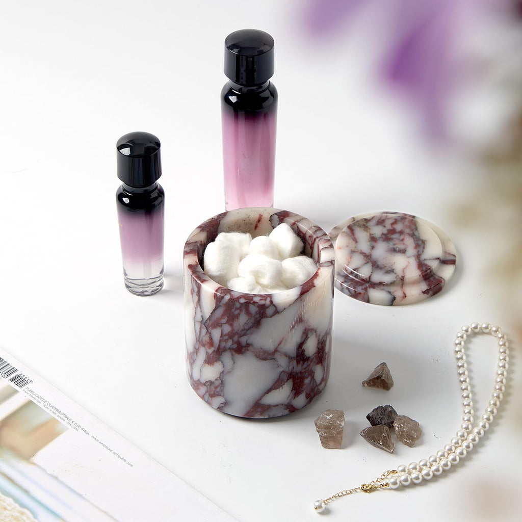 Luxury Natural Calacatta Viola Marble Qtip Holder with Lid - 3.9 Inch Round, Large Capacity Apothecary Jar for Cotton