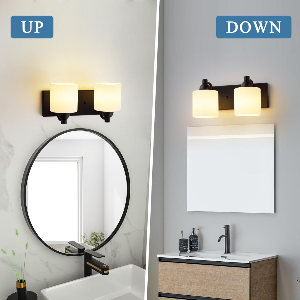 Milk Glass Vanity Lights, 2 Light Matte Black Bathroom Light Fixtures Over Mirror, Ceramic E26 Sockets Wall Mounted