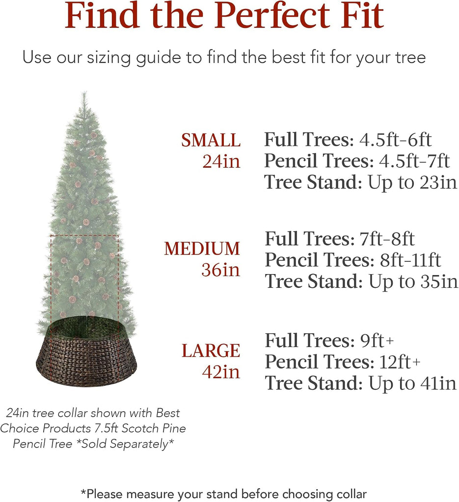 24in Christmas Tree Collar, Woven Hyacinth 3-Piece Holiday Rattan Tree Skirt Accessory w/Cord Cut-Out - Chestnut