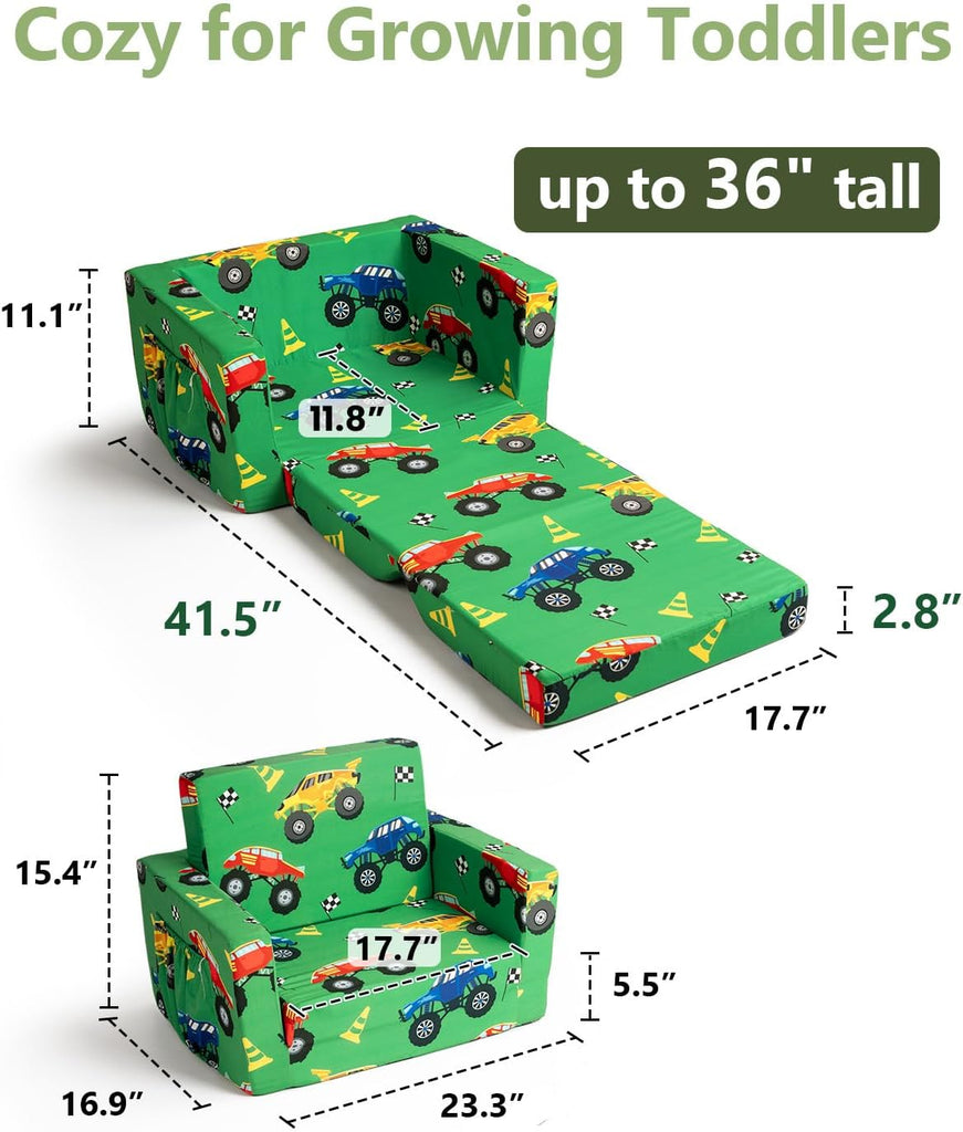 Toddler Couch, in-1 Foldable Kids Comfy Chair & Lounger, Monster Truck