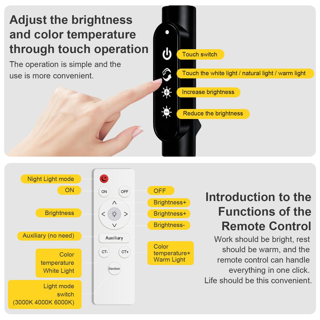 Bright LED Eye-Protecting Reading Floor Lamps Touch and Remote Dimming 3000-6000k, Tattoo Craft Drawing Makeup