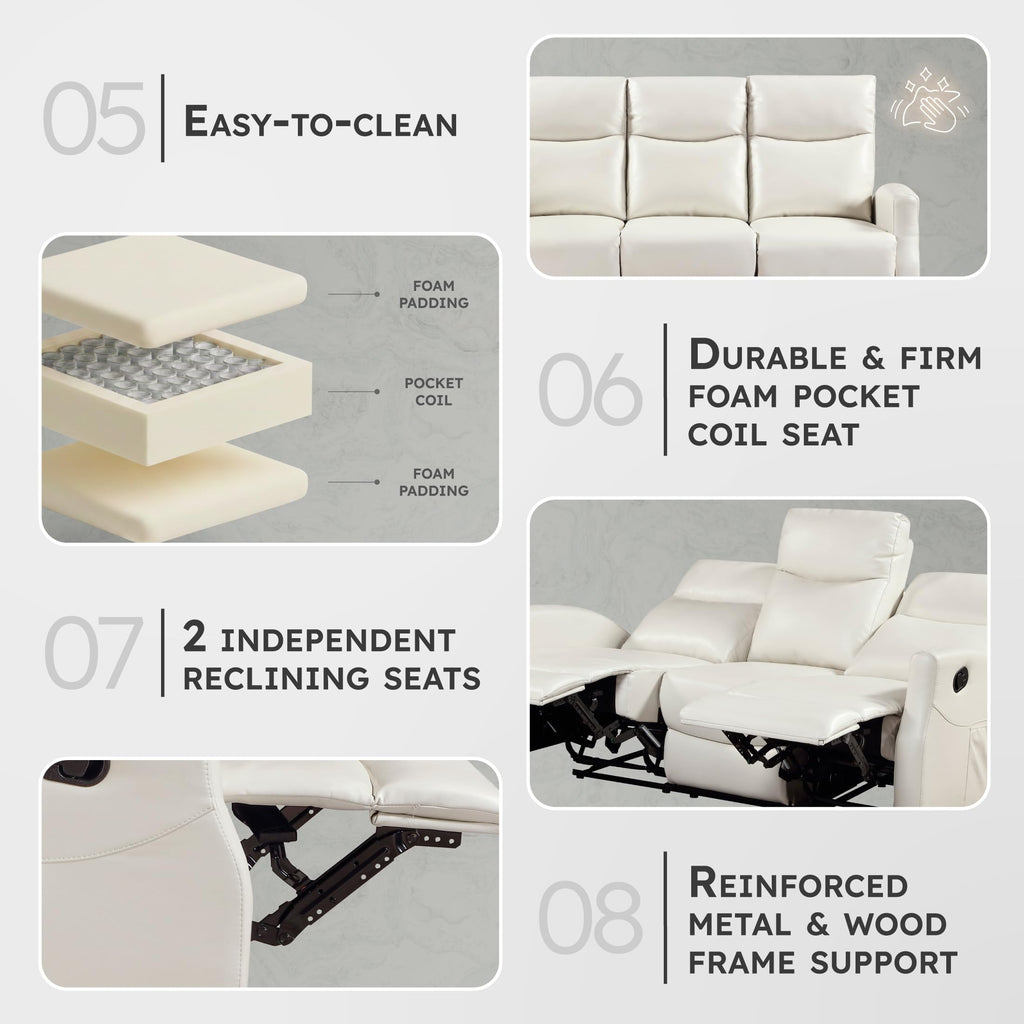 Manual Reclining Sofa, Magazine Pockets, Beige Faux Leather
