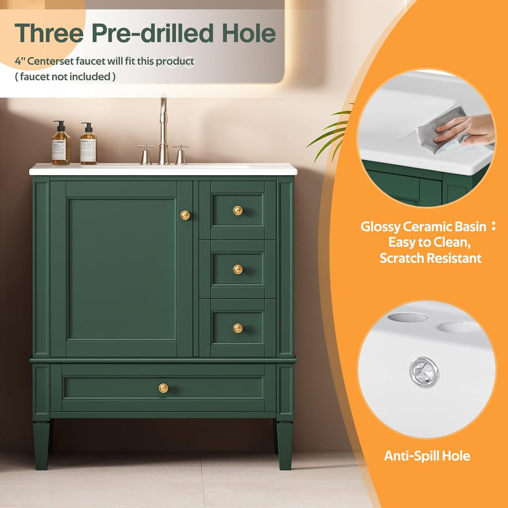 30" Bathroom Vanity with Sink, Modern Bathroom Storage Cabinet with 3 Drawers & 1 Door, Freestanding Bathroom Vanities