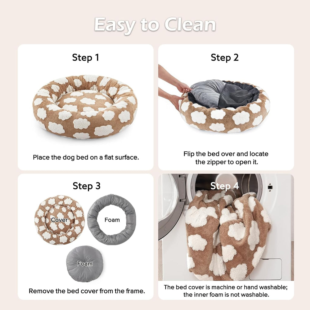 Jacquard Donut Round Dog Beds Medium Sized Dog, Brown 30x30x8in, Removable Washable Cover, Cute Pattern, Ultra Soft