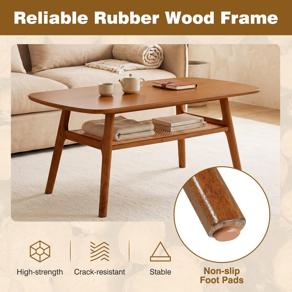 Rattan Coffee Table, 39.5" Wood Coffee Table Walnut