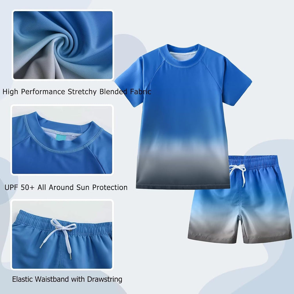 Boys Rash Guard Swimsuits Set for Boys Short Sleeve Swim Shirts with Trunks 2 Piece Quick Dry Swim Set
