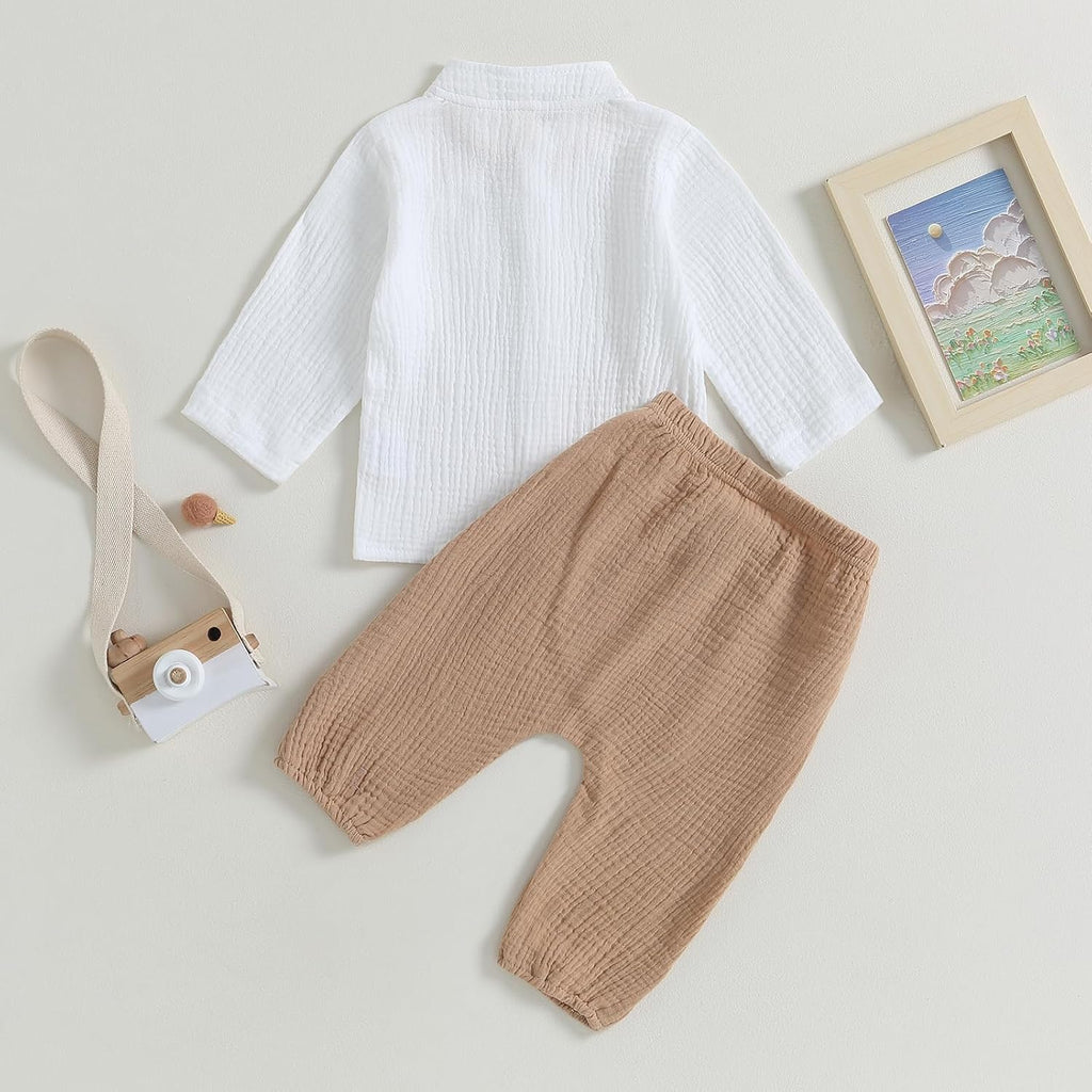 Toddler Boy Linen Outfit Baby Boy Fall Winter Clothes Set Button-Down Shirt Tops Cotton Linen Pants 2PCS
