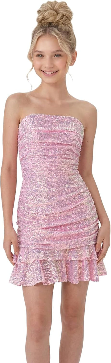 Tween Teen Sequin Strapless Tie Back Bow Ruched Bodycon Mini Party Dress