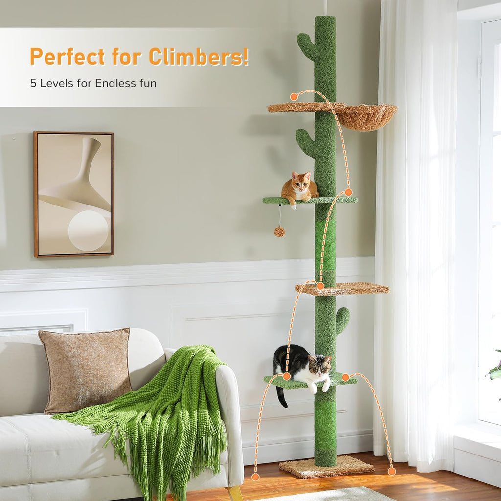 Cactus Floor-to-Ceiling Cat Tree 5-Tier Cat Tower with Hammock
