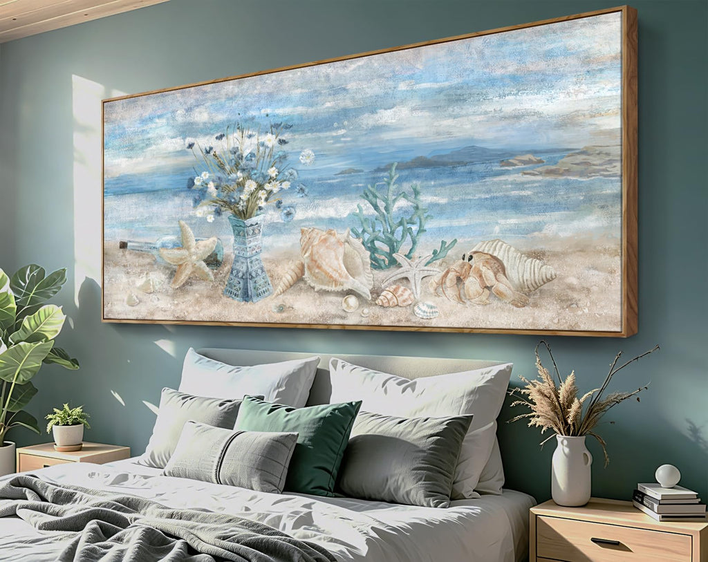 Oversized Blue Ocean Framed Wall Art Boho Canvas Print 86x39inch