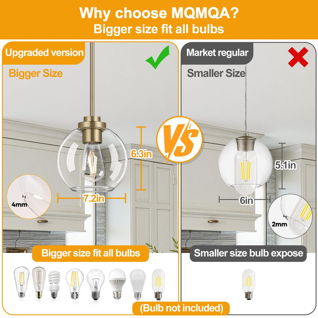 2 Pack Modern Globe Pendant Lights Kitchen Island Clear Glass