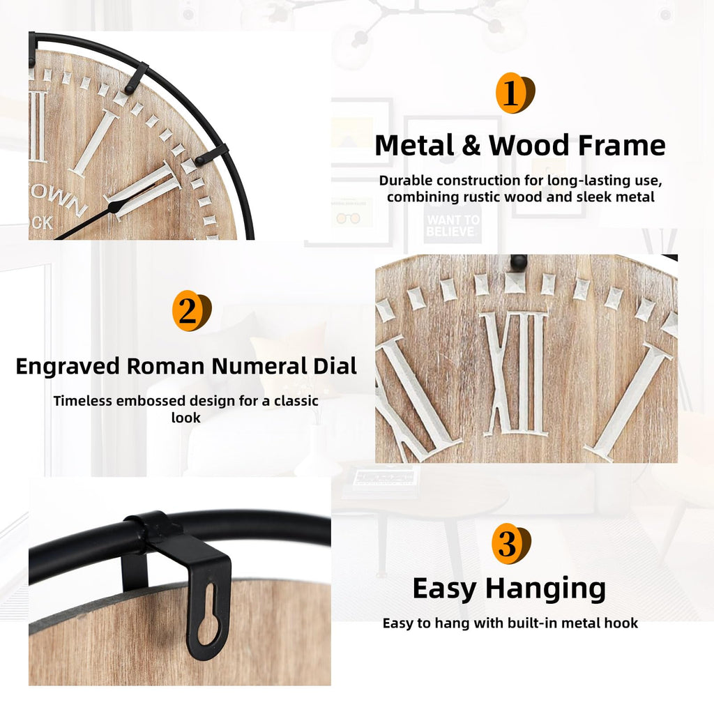 24 Inch Large Farmhouse Wall Clock, Rustic Wooden Wall Clock Decorative with Metal Circle and Engraved Numerals