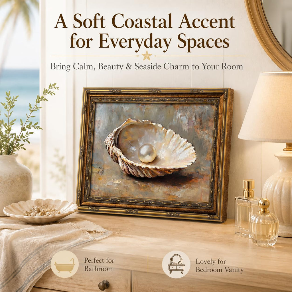 Vintage Gold Framed Oyster Shell Pearl Canvas Wall Art 12x16 Inch