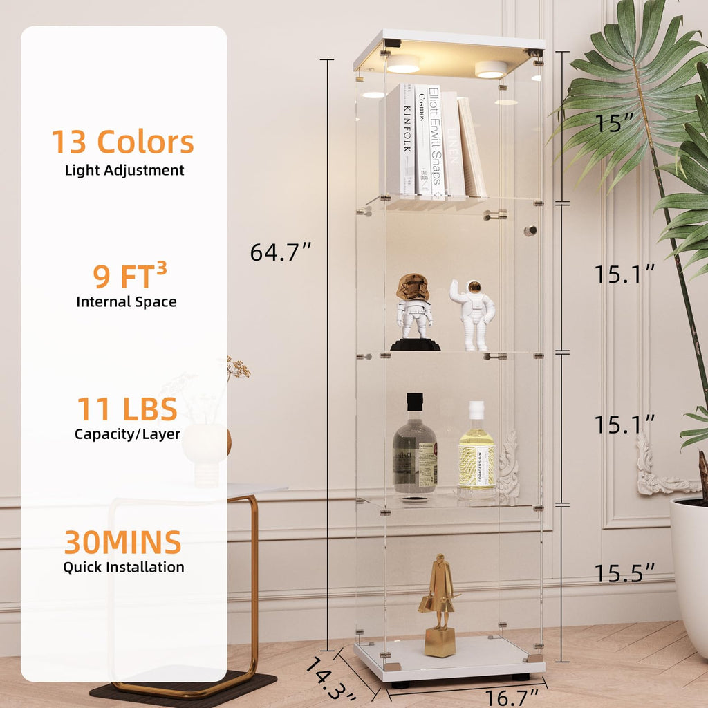 4-Tier Glass Display Cabinet with LED&Lock, Display Case White