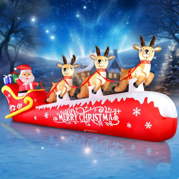 12 FT Christmas Inflatable Santa Claus on Sleigh with 3 Reindeers Outdoor Decorations, Giant Christmas Blow Up Yard