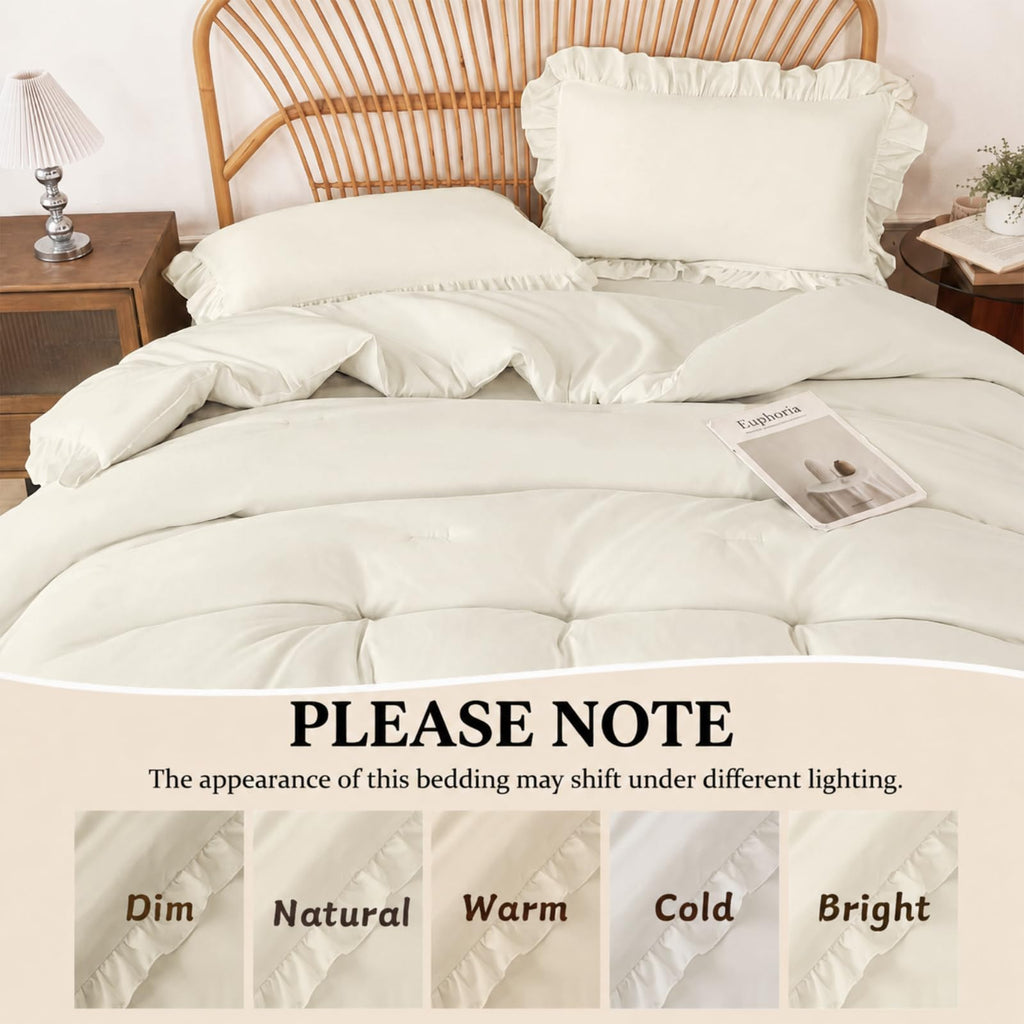 Beige Queen Comforter Set 5 Pieces Ruffle Shabby Chic Bedding Set for All Season Lightweight Fluffy Soft Microfiber
