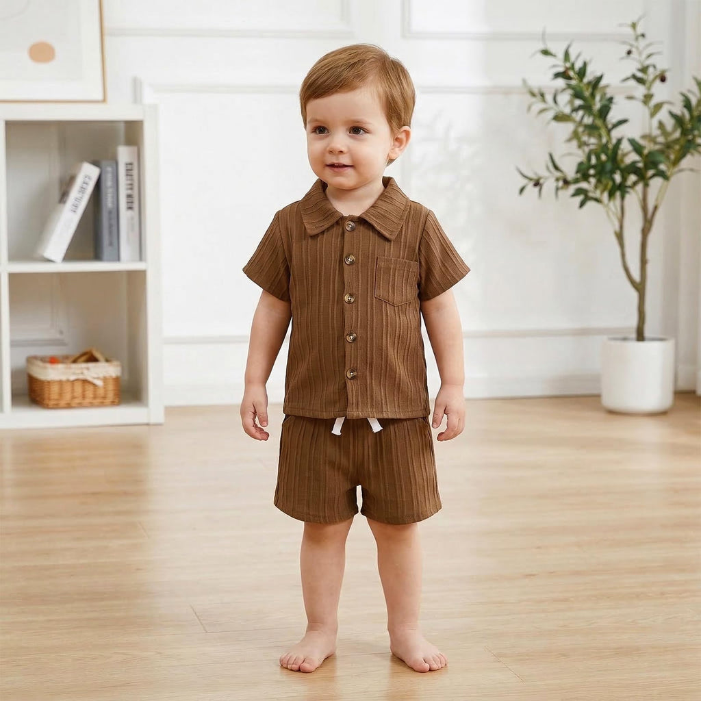 Boys Clothes Toddler Ribbed Button Shirt + Shorts 2pcs Brown