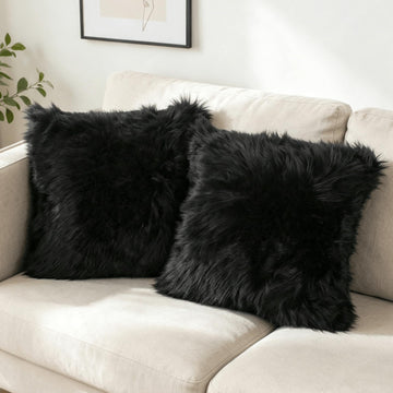 Fluffy Decorative Throw Pillow Covers 20x12, Faux Fur Farmhouse Luxury Pillow Cases, Soft Plush Fuzzy Black Cushion