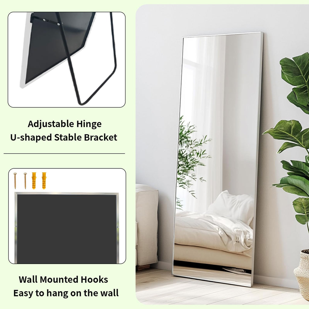 Full Body Mirror 56x16 inch, Silver Floor Length Mirror, Metal Frame
