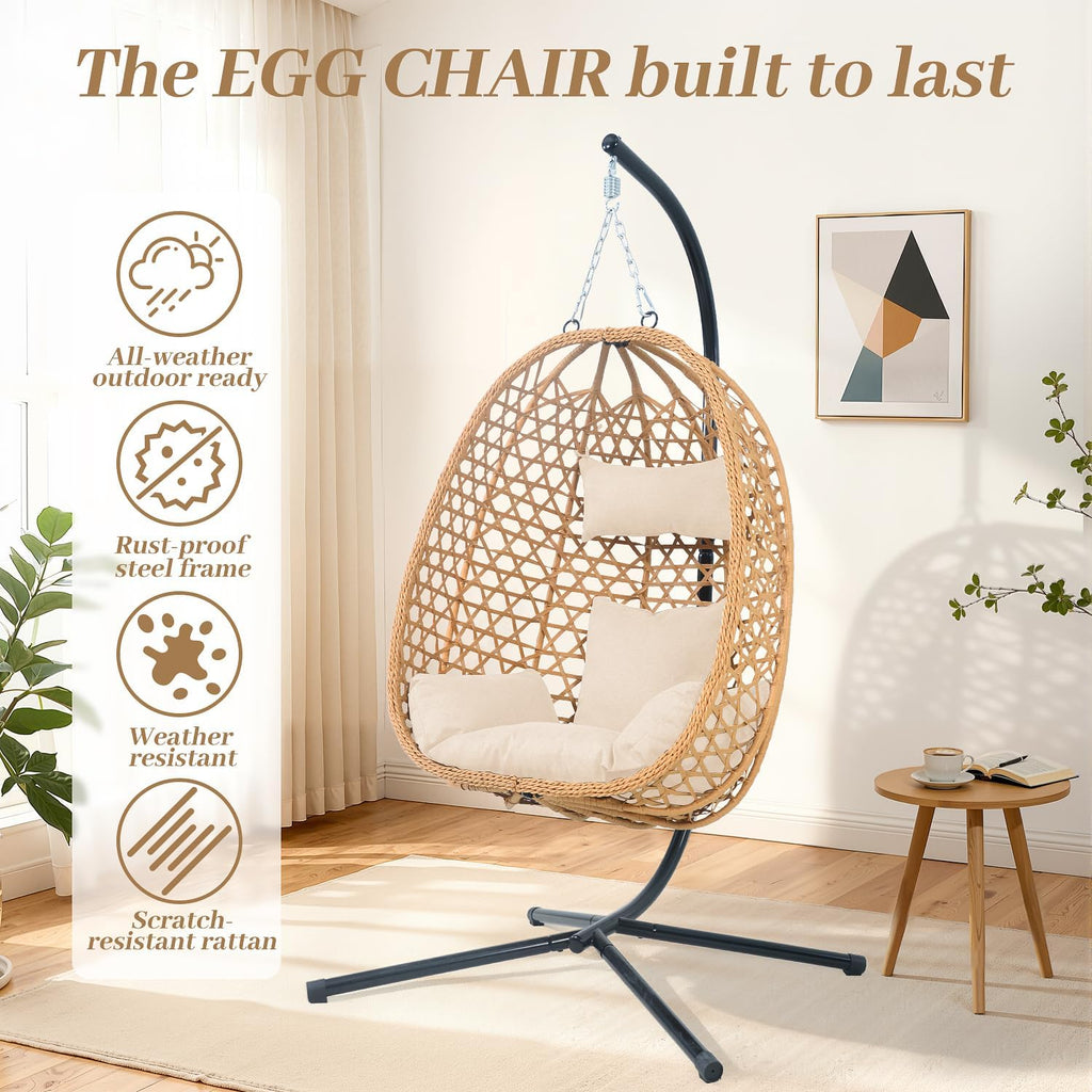 Hanging with Stand, 350LBS Capacity, Cream | HDPE rattan,Sturdy steel stand,Plush cushion,Easy