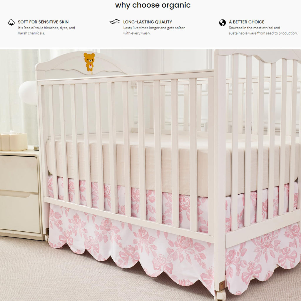 Scallop Edge Organic Cotton Crib Skirt, Baby Girl Crib Skirt Toddler Bedskirt Farmhouse Chic Cottagecore Nursery Bed
