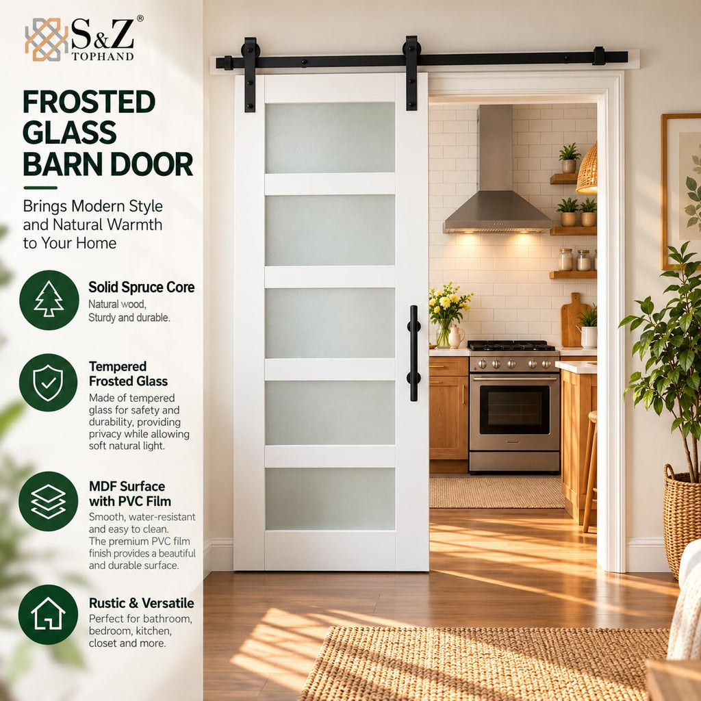 44in x 80in Glass Sliding MDF Barn Door with Sliding Door Hardware Kit, 5 Tempered Frosted Glass, Slab Inside Covered