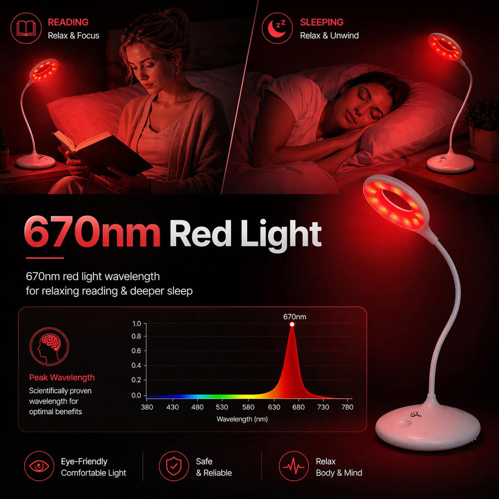 Desk Lamp with 670nm Red Light Therapy for Reading Sleep Bedroom