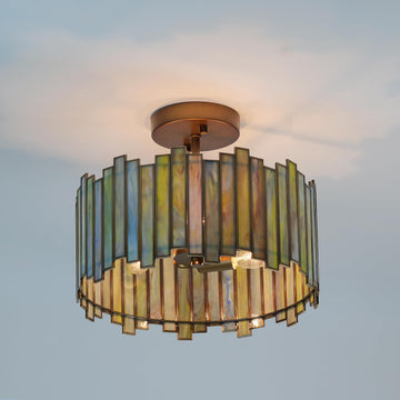 Antique Brass Ceiling Light Fixture in Drum Shape, 12.5" Semi Flush Mount Stained Tiffany Lamp with Mable Green