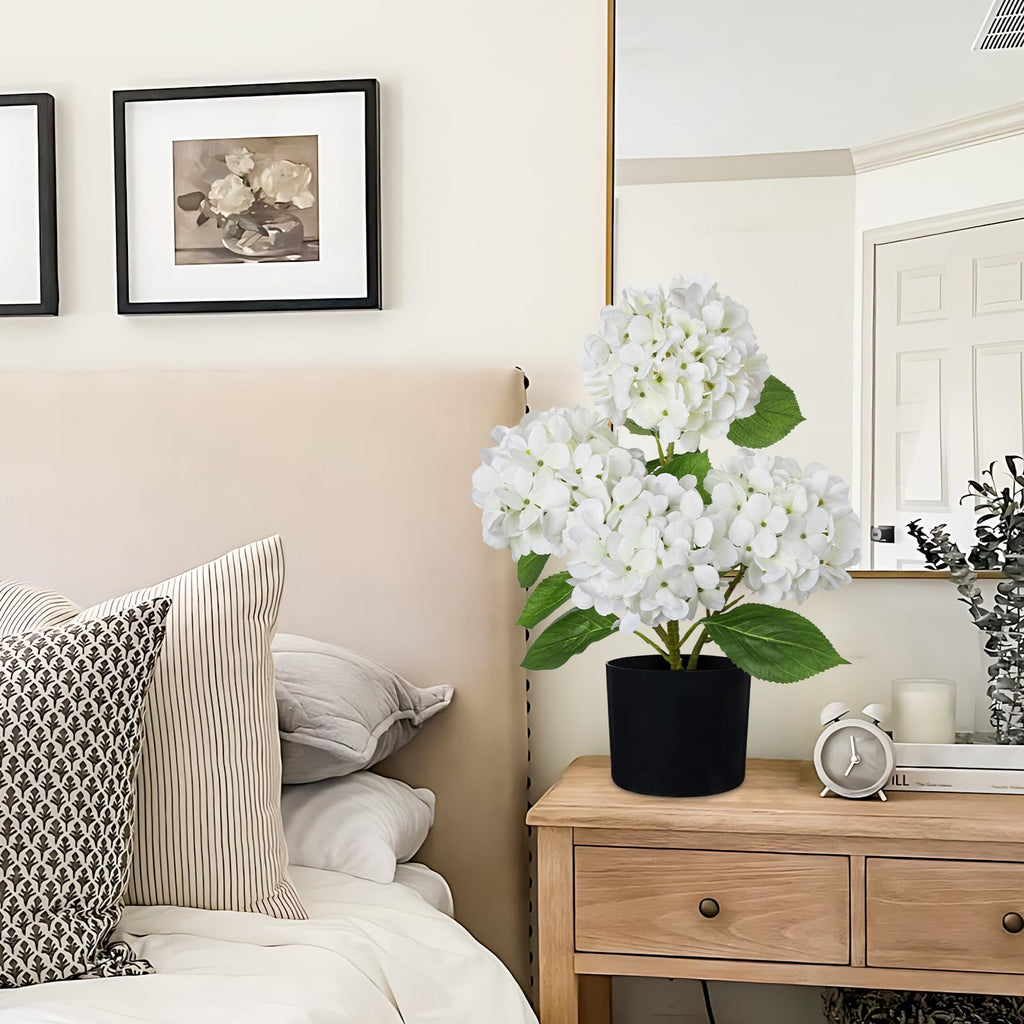 White Hydrangea Artificial Flowers in Pots 19.7" Four-Head Faux Silk Hydranges Flower Arrangements for Indoor Home