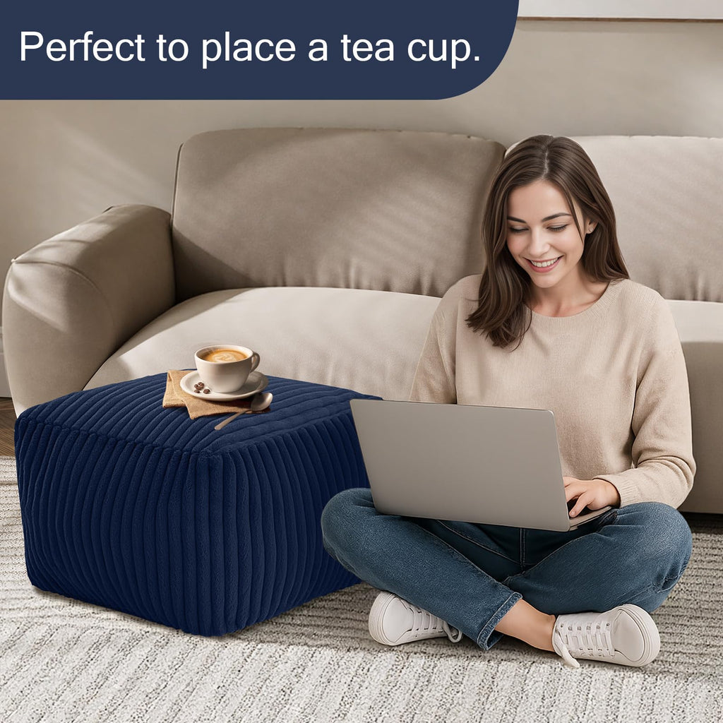 Square Pouf Ottoman Foot Rest, 15 Inch Faux Fur Pouf, Navy