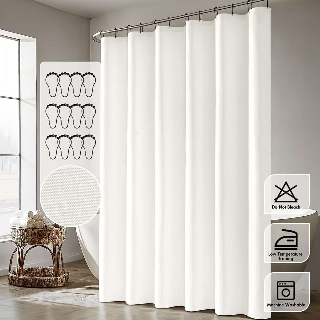 White Extra Long Linen Fabric Shower Curtain Set - W72xL108