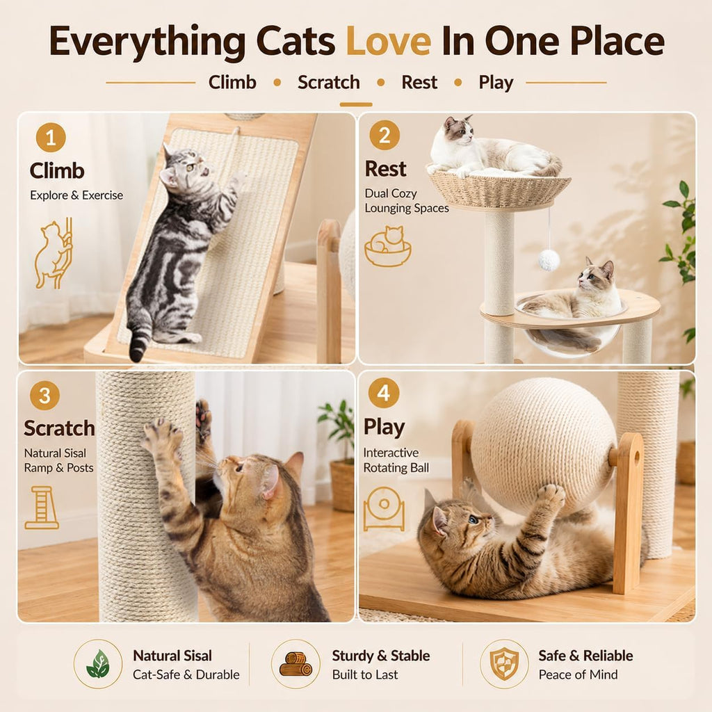 Modern Wooden Cat Tree for Indoor Cats, Furniture Style Cat Tower with Handwoven Basket and Soft Cushion, Acrylic