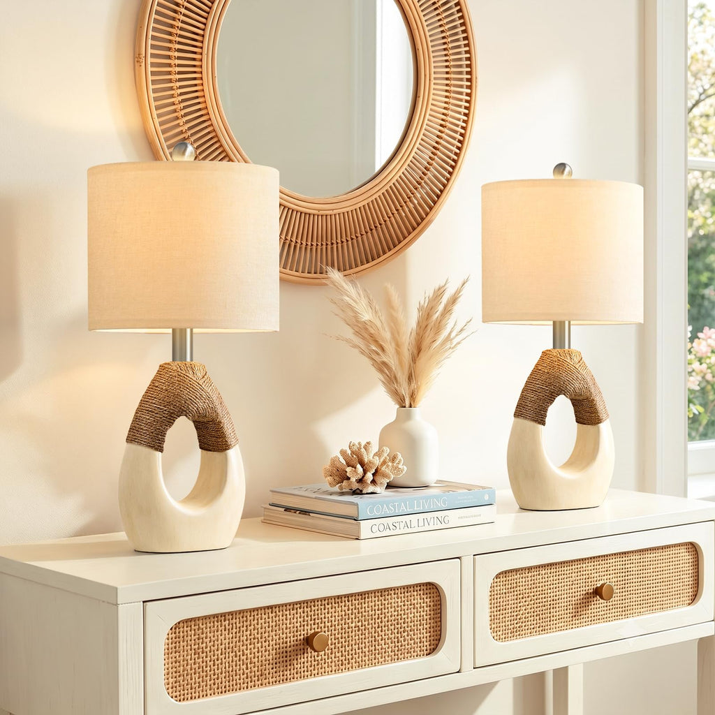 19" Boho Table Lamps Bedroom Living Room, Suitable for Small Space, Farmhouse Rattan Lamp Rustic Egg Design Resin