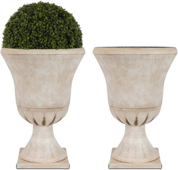 Plastic Urn Planters for Outdoor Plants, Tree 22'' Tall 2 Pack Round Classic Resin Flower Pots Indoor Beige