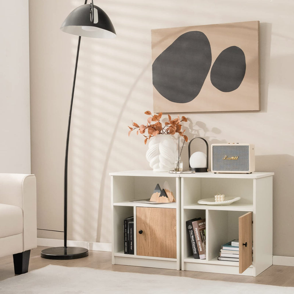 Nightstand Set of 2, Wooden Sofa Side with Bamboo Door & Open Compartments, Multifunctional 3 Tier Bedside Table