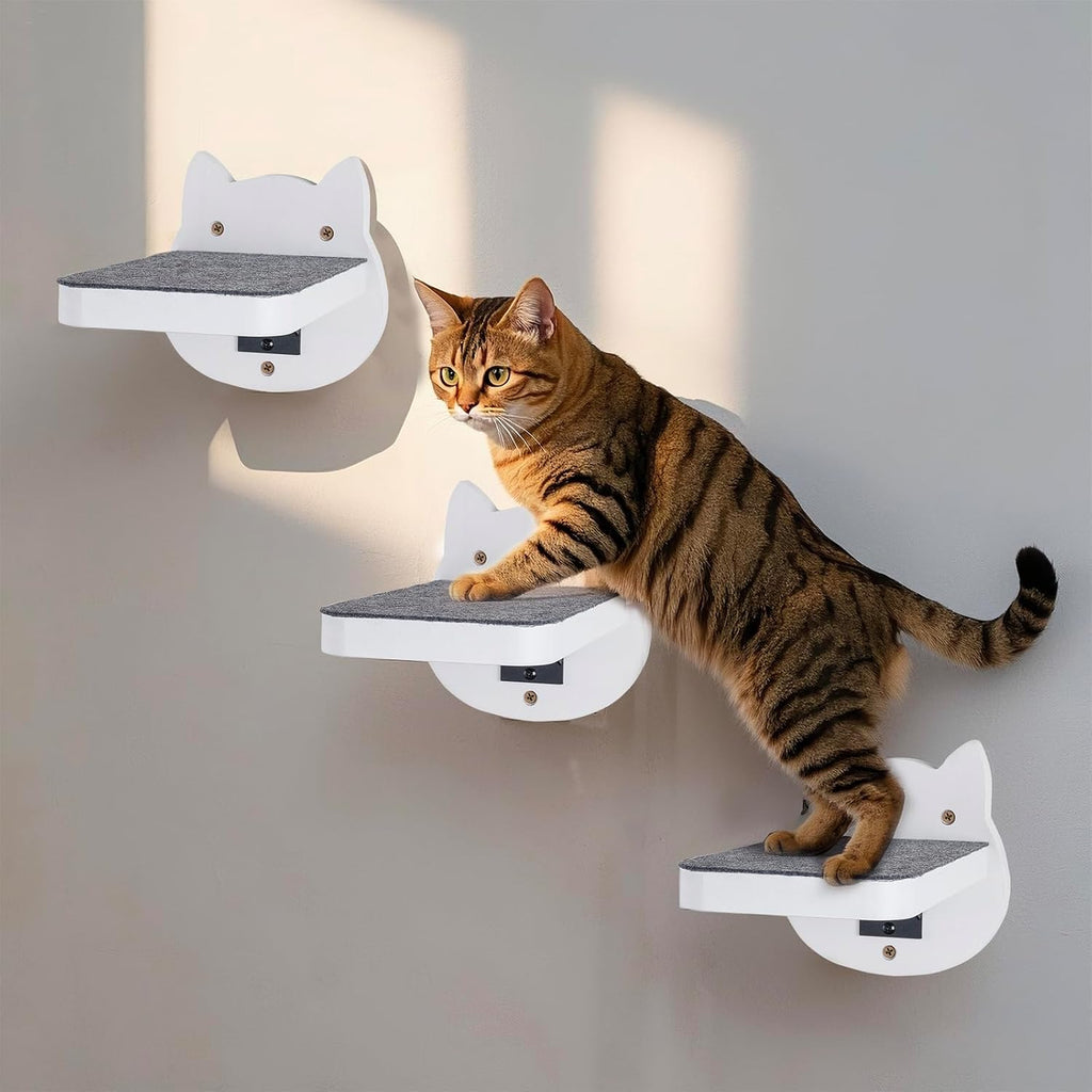 White Painted Wooden Cat Wall Floating Steps Set of 3