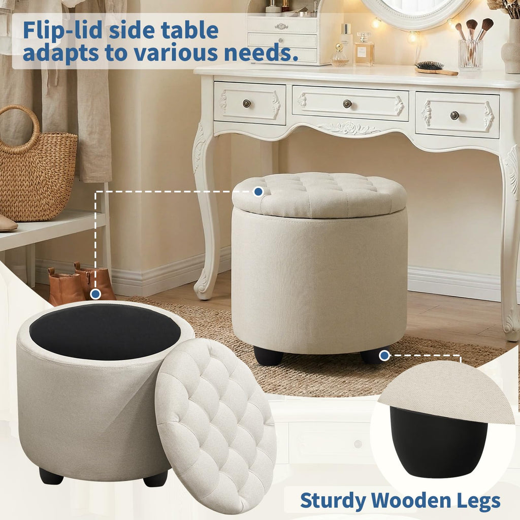 Modern Round Storage Ottoman, Button Tufted Ottoman Foot Stools Ottoman Footstool with Removable Lid Storage Ottoman